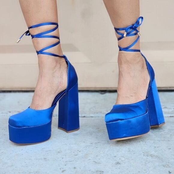 Womens Satin Platform Chunky Lace Up Heels Blue Color - Picture 1 of 5